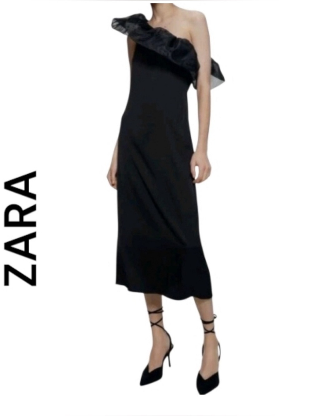 Zara Black Satin One-Shoulder Ruffle Evening Midi Dress Size Medium
